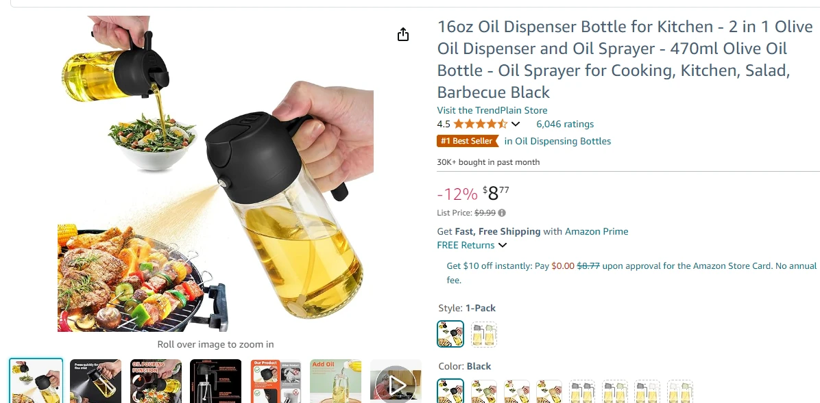 Oil dispenser bottle listing