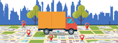 Delivery truck driving on map with locations in city