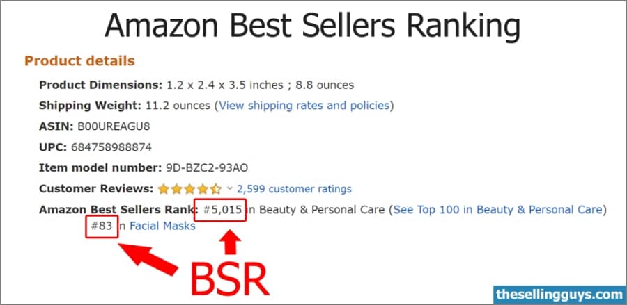 Example of the Amazon Best Sellers Rank data for a product